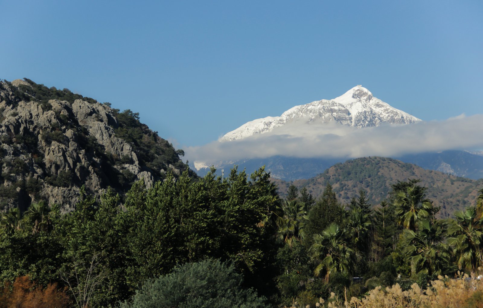 Snow-capped Mount Tahtalı above green hills and palm trees, seen from Olympos Beach