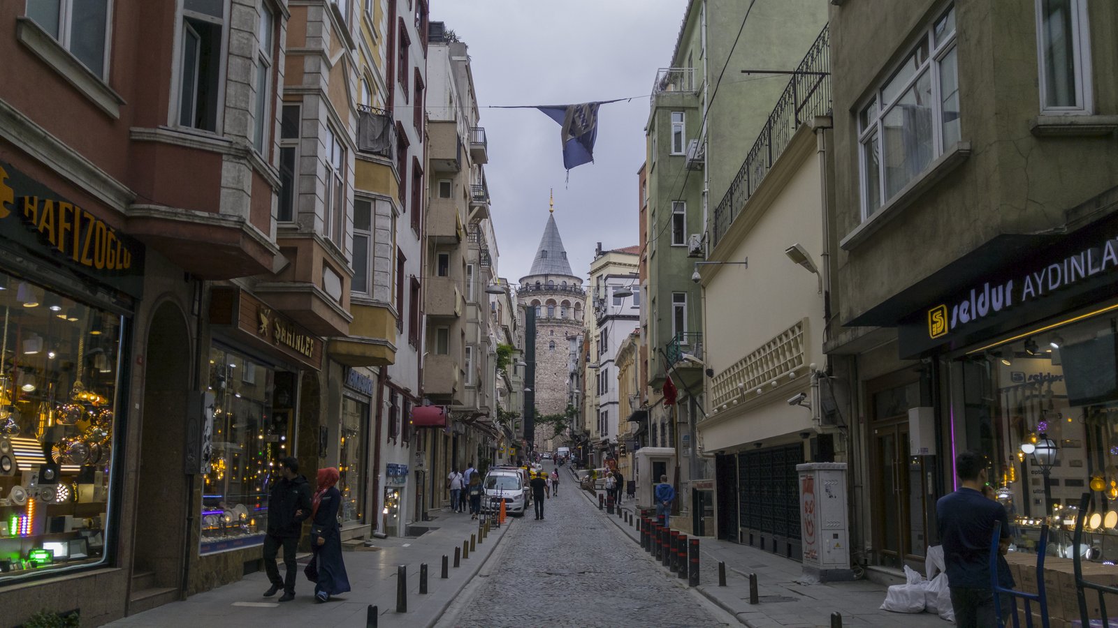 Galata Tower viewed along Büyük Hendek Street in Istanbul